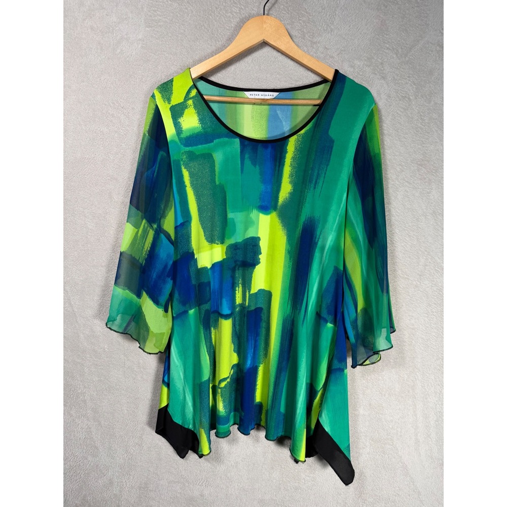 Peter Nygard Women Green Blue Abstract Print Sharkbite Tunic Top 43B1H2645 L